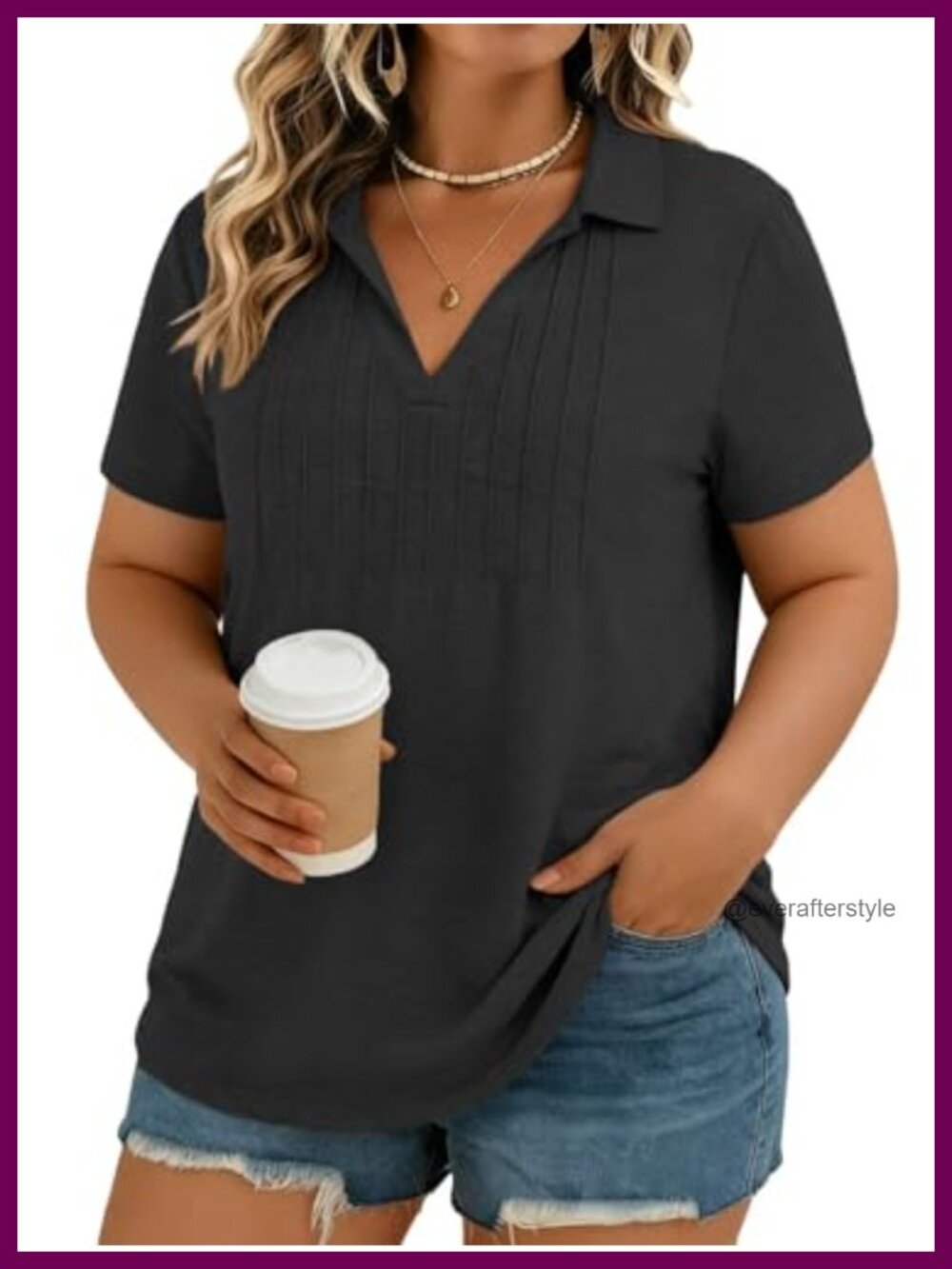 Plus Size V Neck Polo Shirt Short Sleeve Pleated Top